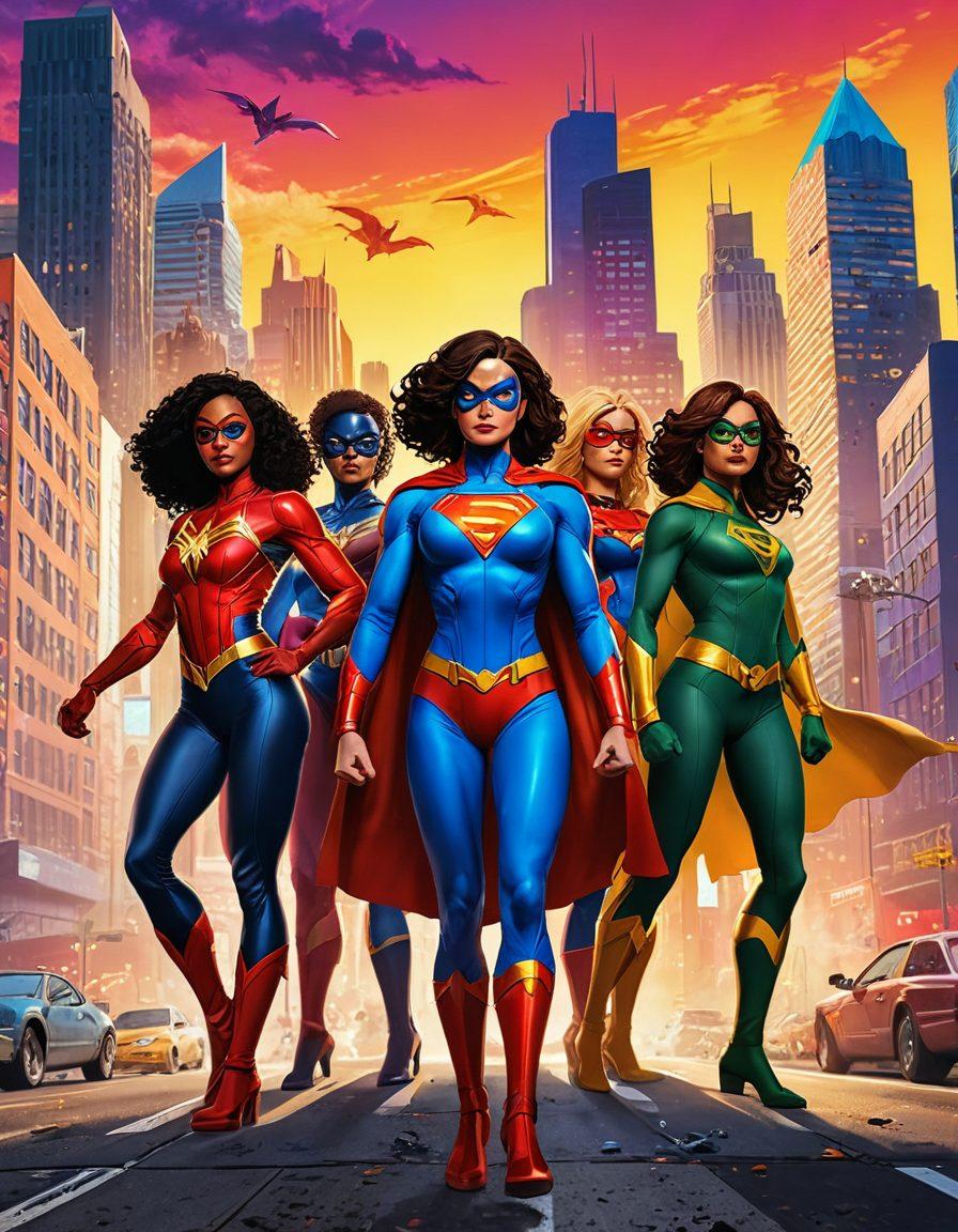 A dynamic scene featuring a diverse group of female superheroes in vibrant and powerful poses, showcasing their unique abilities against a colorful urban skyline. Each character represents different cultures and backgrounds, with elements representing their personal stories intertwined in their costumes. The atmosphere is lively, filled with energy and empowerment, radiating a sense of camaraderie and strength. The background includes symbolic elements of animation and comic books. super-realistic. vibrant colors. comic book style.