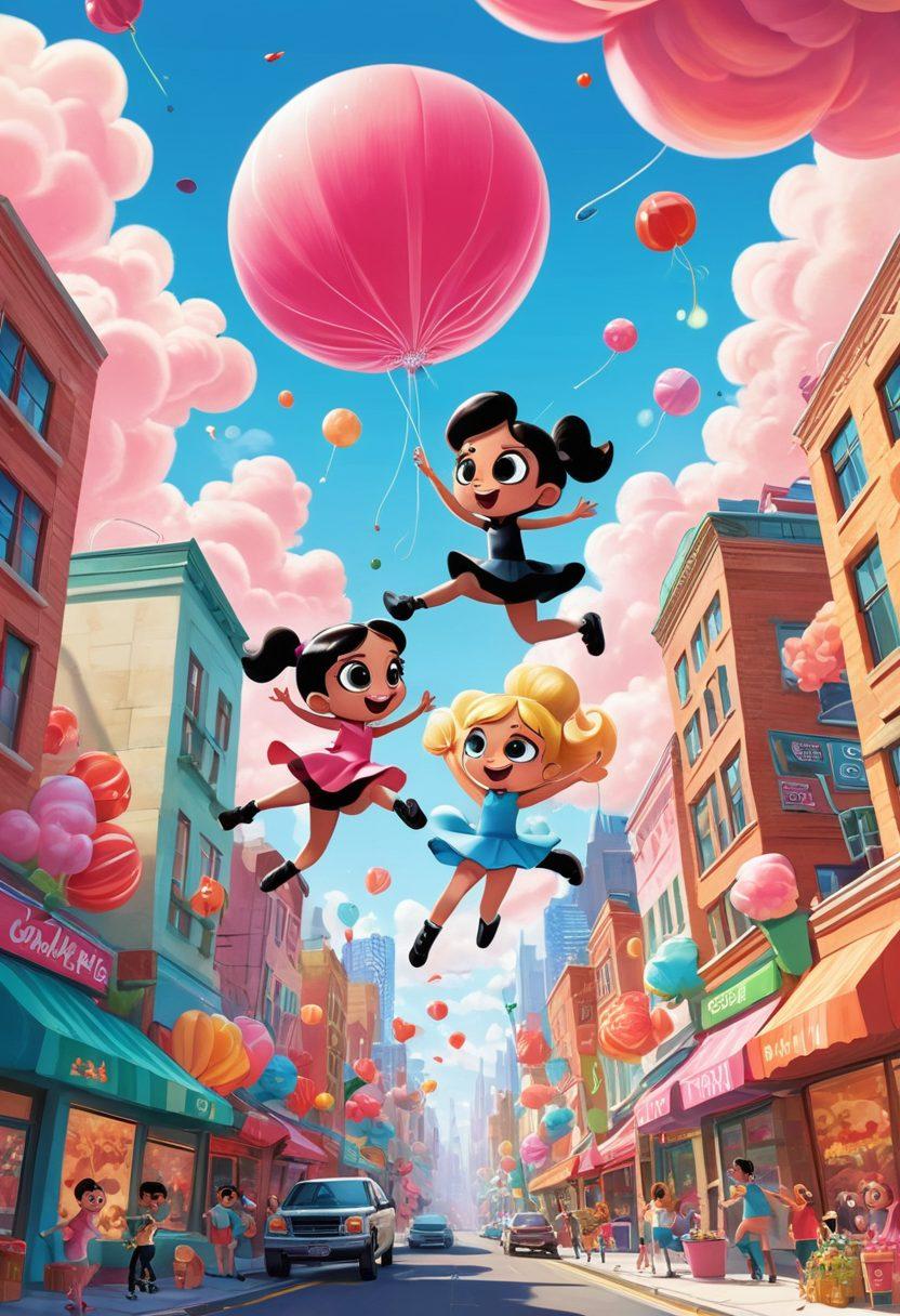 A vibrant and colorful illustration showcasing the iconic Powerpuff Girls flying in a whimsical cityscape filled with playful elements like candy clouds and oversized flowers. Surround them with diverse children joyfully imitating the girls' poses, symbolizing their impact on youth culture. Add family-friendly scenes in the background, such as parents and kids watching the show together. Use a bright and energetic palette to evoke a sense of fun and adventure. cartoon style. vibrant colors. 3D elements.