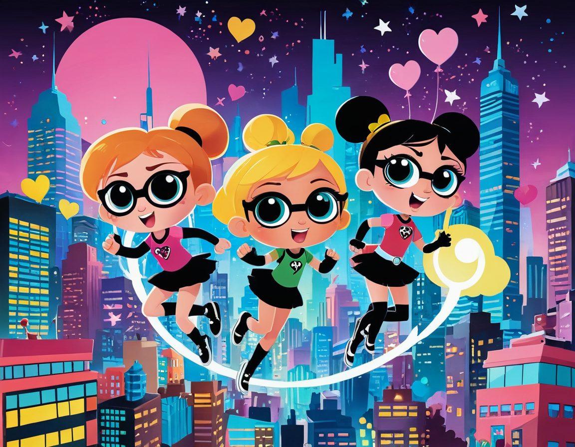 A vibrant and dynamic illustration featuring the Powerpuff Girls in action, showcasing their unique powers and personalities. The background is a colorful cityscape reflecting animated comedy, with iconic items from the show integrated throughout. Include elements that symbolize girl power and friendship, like hearts and stars. The scene should radiate energy and creativity, appealing to a sense of nostalgia and empowerment. cartoon art style. bright colors.